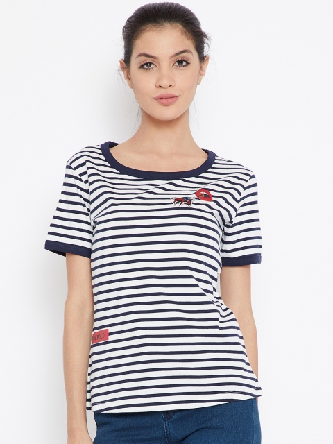 

Wrangler Women White Navy Blue Striped Round Neck Pure Cotton T-shirt