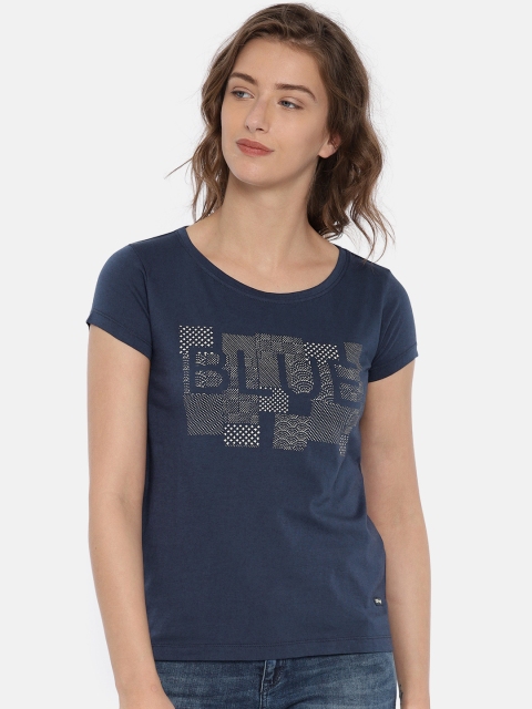 

Wrangler Women Navy Blue Printed Round Neck T-shirt