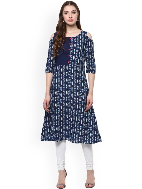 

Avaana Women Blue & White Printed Cold-Shoulder Straight Kurta