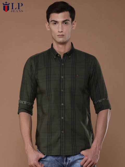 

Louis Philippe Jeans Men Olive Green & Blue Slim Fit Checked Casual Shirt
