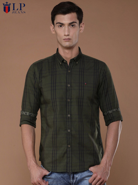 

Louis Philippe Jeans Men Olive Green & Blue Slim Fit Checked Casual Shirt