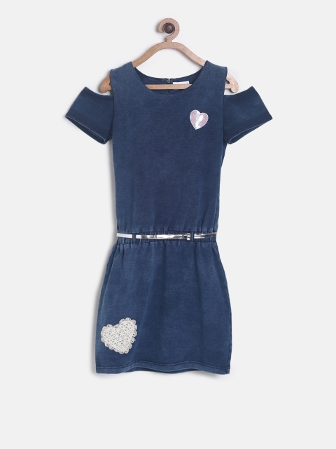 

Peppermint Girls Navy Blue Solid Dropwaist Denim dress