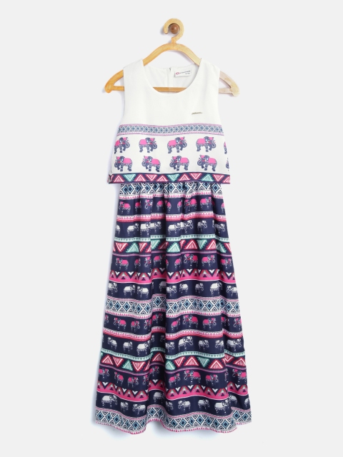 

Peppermint Girls Navy Blue Printed Fit & Flare Dress