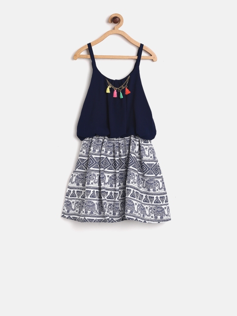 

Peppermint Girls Navy Blue Printed Fit and Flare Dress