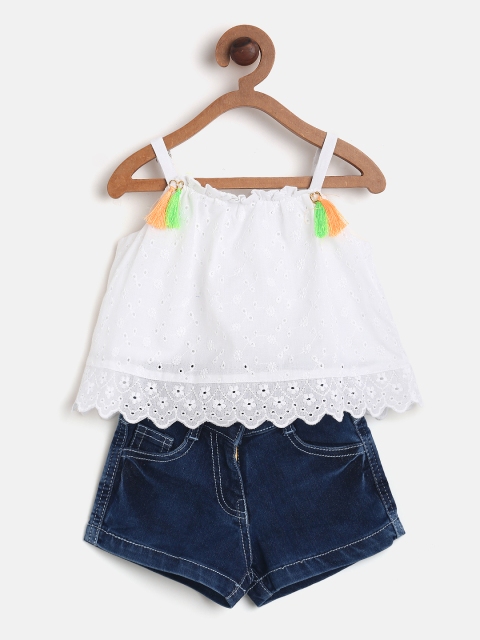 

Peppermint Girls White & Blue Solid Top with Shorts
