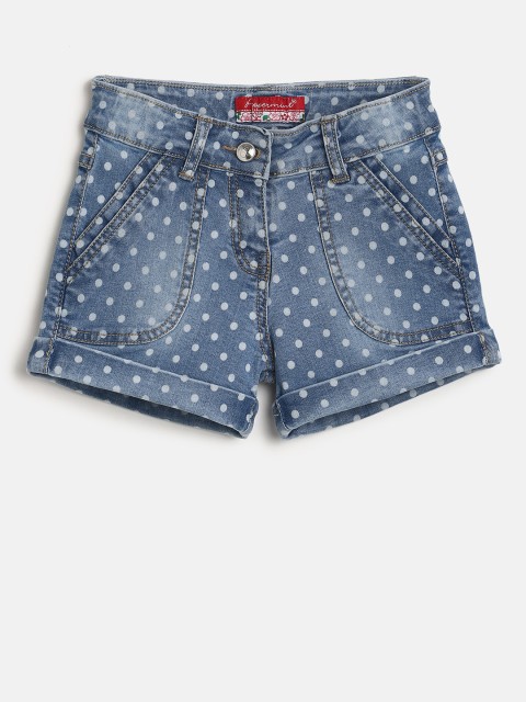 

Peppermint Girls Blue Printed Regular Fit Denim Shorts