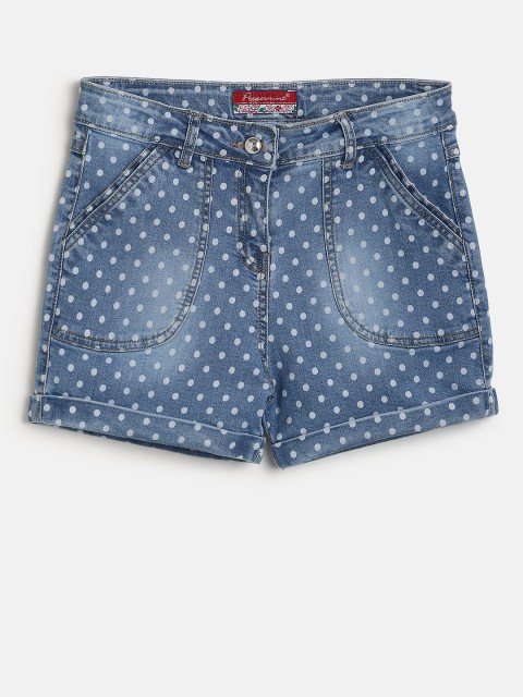 

Peppermint Girls Blue Printed Regular Fit Denim Shorts