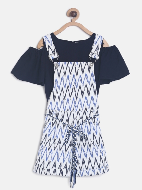 

Peppermint Girls White & Navy Blue Printed Neon Splash Pinafore Dress with Top