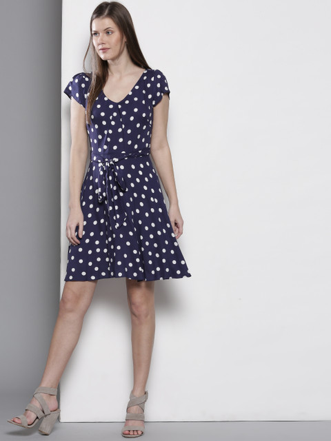 

DOROTHY PERKINS Women Navy & White Polka Dot Print Fit & Flare Dress, Navy blue