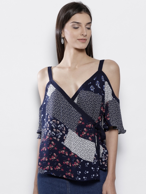 

DOROTHY PERKINS Women Navy Blue & White Printed Wrap Top