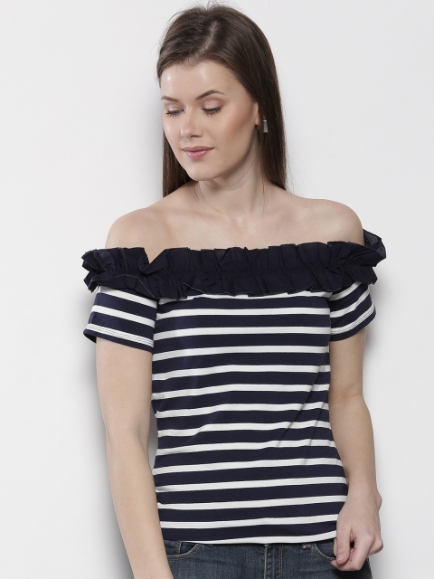 

DOROTHY PERKINS Women Navy Blue & White Frilled Striped Bardot Top