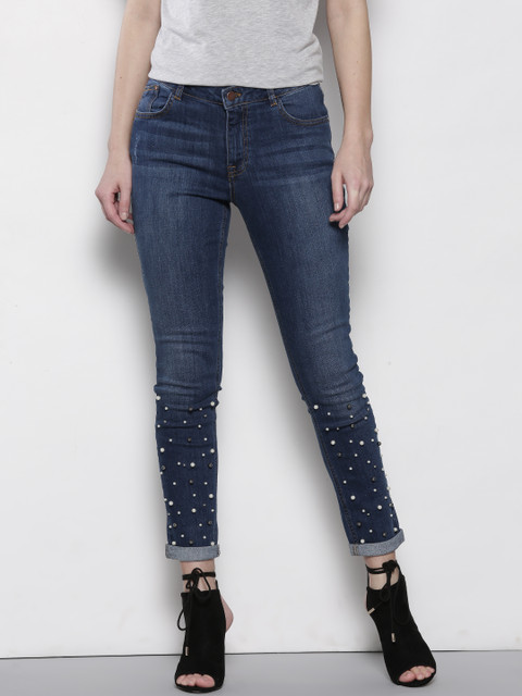 

DOROTHY PERKINS Women Blue Harper Skinny Fit Low Distress Stretchable Cropped Jeans