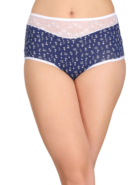 

Clovia High Waist Printed Hipster Panty With Lace PN2387P08, Blue