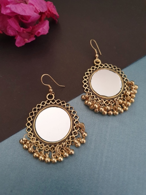 

Infuzze Antique Gold-Toned Circular Mirror Drop Earrings
