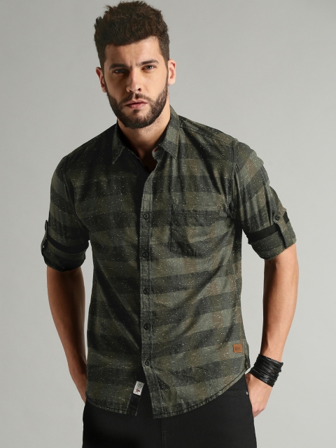 

Roadster Men Olive Green & Charcoal Grey Regular Fit Striped Casual Shirt