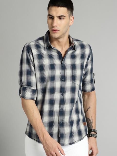 

Roadster Men Navy & Grey Regular Fit Checked Casual Shirt, Navy blue