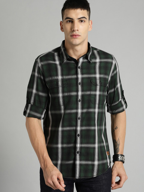 

Roadster Men Green & Grey Regular Fit Checked Casual Shirt
