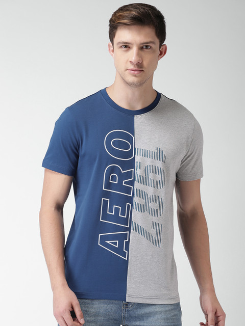 

Aeropostale Men Navy Blue & Grey Colourblocked Round Neck T-shirt