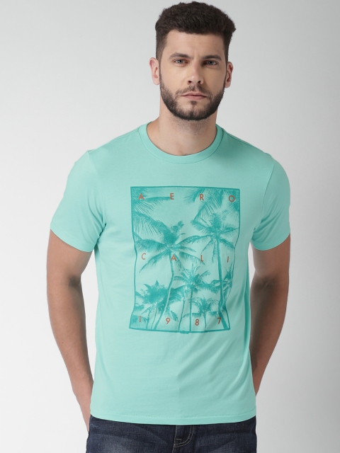 

Aeropostale Men Turquoise Blue Printed Round Neck Pure Cotton T-shirt