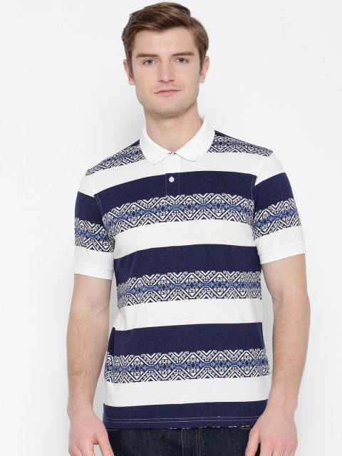

Peter England Men White & Navy Striped Polo Collar T-shirt