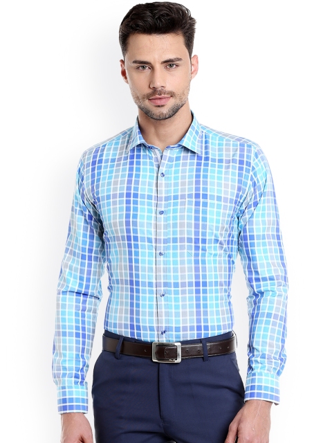 

Solemio Men Turquoise Blue & Blue Regular Fit Checked Formal Shirt
