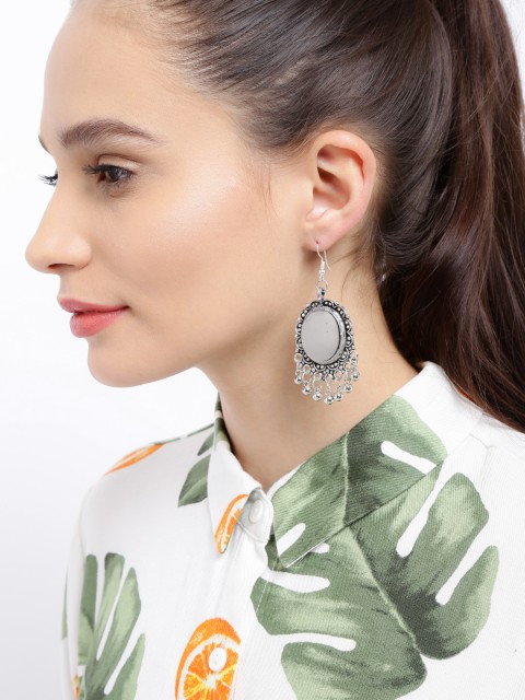 

Ayesha Oxidised Silver & Gunmetal-Toned Oval Drop Earrings