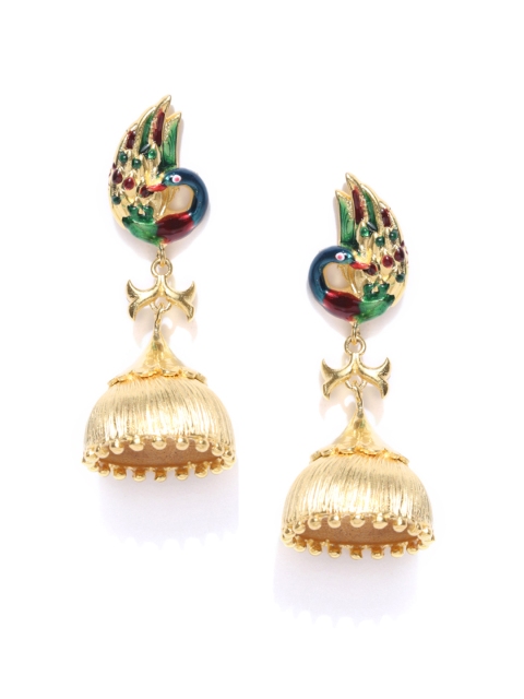 

Alamod Blue & Maroon Gold-Plated Peacock Shaped Jhumkas