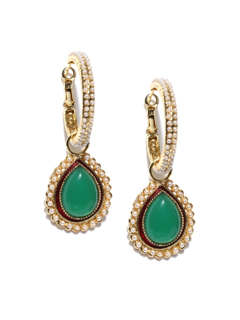 

Alamod Off-White & Green Gold-Plated Beaded Circular Hoop Earrings