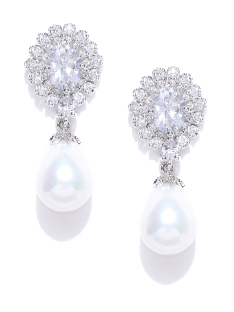 

Alamod Off-White Silver-Plated CZ-Studded Teardrop Shaped Drop Earrings