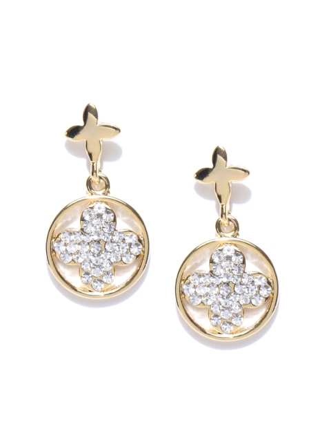 

Alamod White Gold-Plated Stone-Studded Circular Drop Earrings