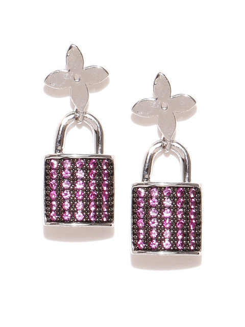 

Alamod Silver-Toned & Pink Lock-Shaped Drop Earrings