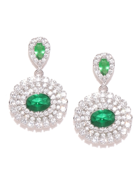 

Alamod Silver-Toned & Green Oval Drop Earrings