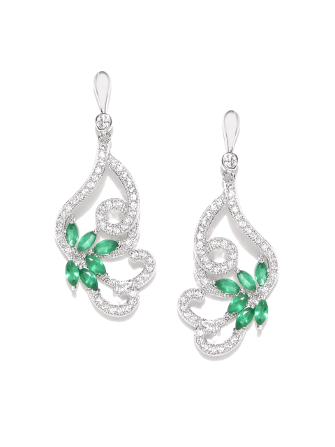 

Alamod Silver-Toned & Green Contemporary Drop Earrings