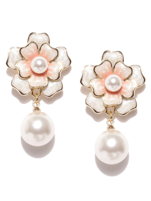 

Alamod Gold-Toned & Off-White Floral Drop Earrings