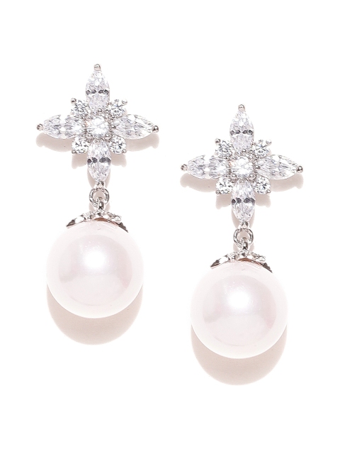 

Alamod Silver-Toned & White Floral Drop Earrings