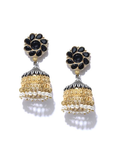 

Alamod Oxidised Silver-Toned & Black Gold-Plated Classic Jhumkas
