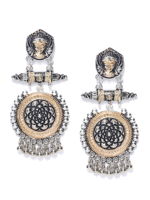 

Alamod Oxidised Silver-Toned Gold-Plated Circular Drop Earrings