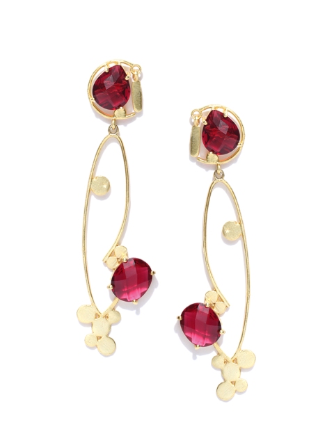 

Alamod Maroon Gold-Plated Stone-Studded Contemporary Drop Earrings