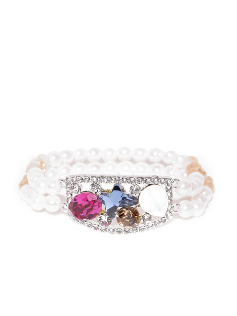

Alamod Off-White Silver-Plated Stone-Studded Elasticated Bracelet