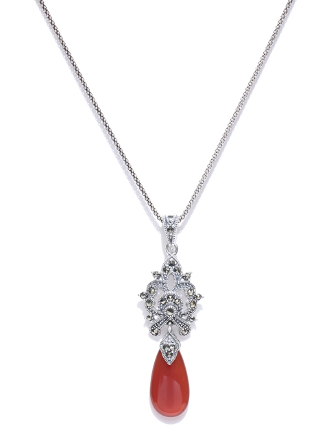 

Alamod Oxidised Silver-Toned & Red Pendant with Chain