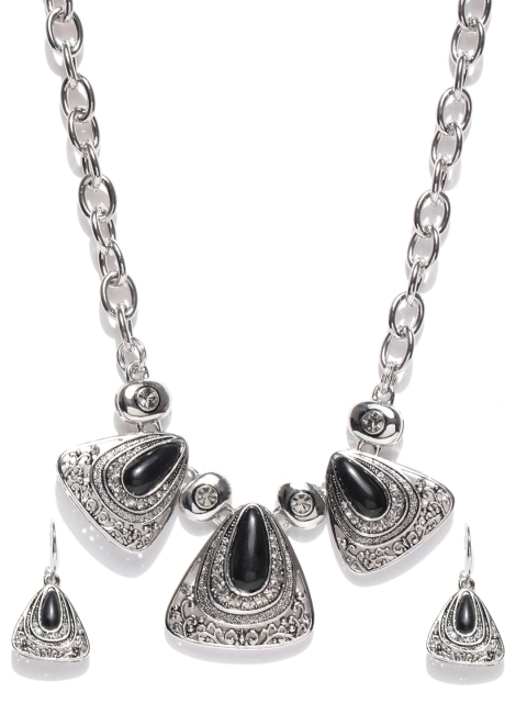 

Alamod Silver-Toned & Black Stone-Studded Jewellery Set