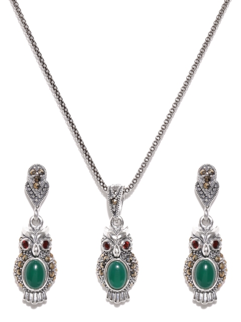 

Alamod Oxidised Silver-Plated & Green Owl-Shaped Stone-Studded Jewellery Set