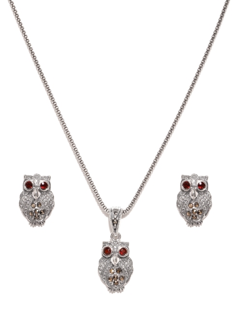 

Alamod Oxidised Silver-Plated & Red Owl-Shaped Stone-Studded Jewellery Set