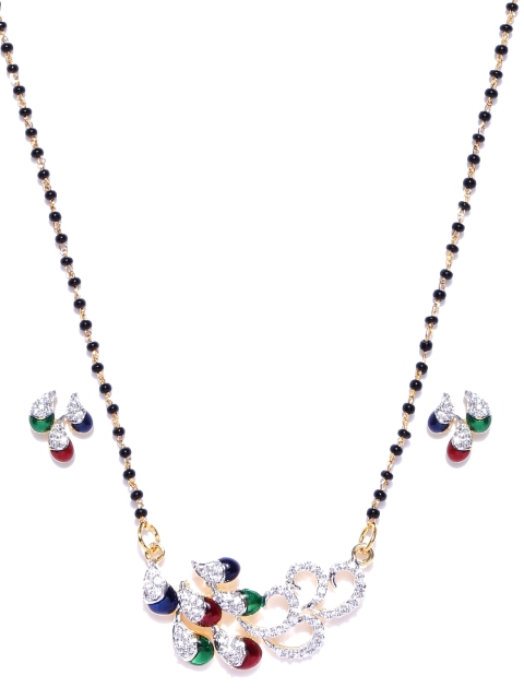 

Alamod Black Gold-Plated Beaded Cubic Zirconia Mangalsutra with Earrings Set