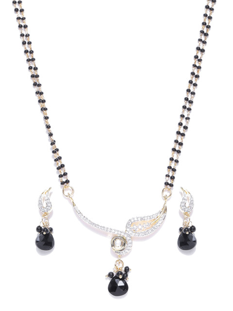 

Alamod Black Gold-Plated Beaded Cubic Zirconia Mangalsutra with Earrings Set