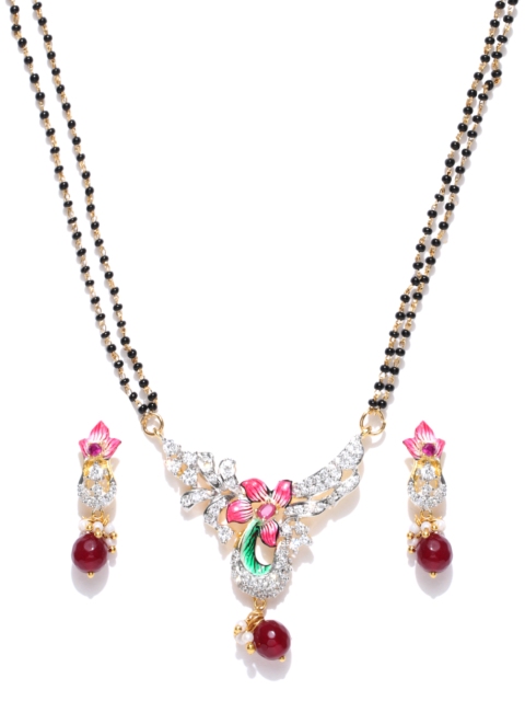 

Alamod Black Gold-Plated Beaded CZ-Studded Mangalsutra with Earrings Set