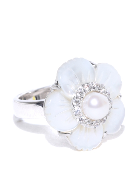 

Alamod Off-White Silver-Plated Cubic Zirconia-Studded Beaded Floral Ring