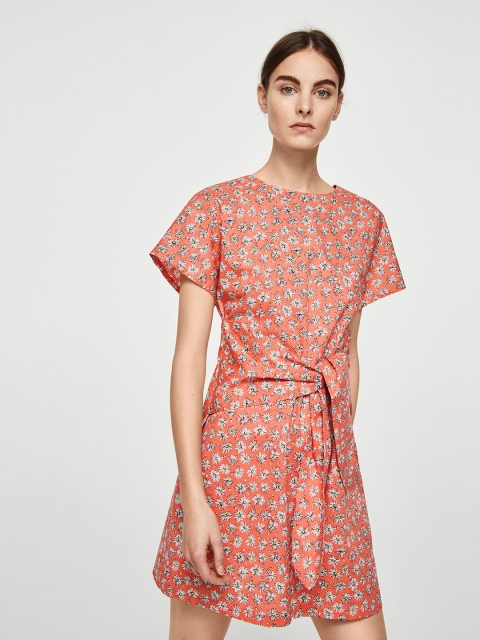 

MANGO Women Peach-Coloured Printed A-Line Dress