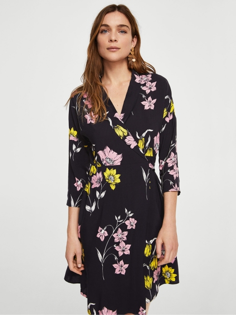 

MANGO Women Navy Blue & Pink Floral Print Wrap Dress