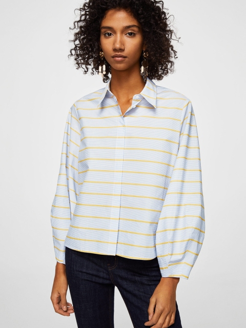 

MANGO Women Blue & White Regular Fit Striped Casual Shirt